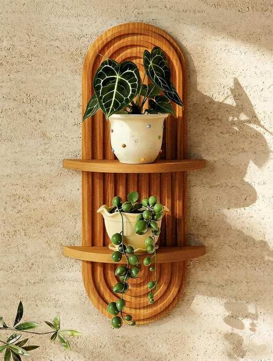 Bamworld Boho Wall Decor - 2-Tier Brown Plant Wall Shelf | Mid-Century Modern Floating Shelf 16.7in