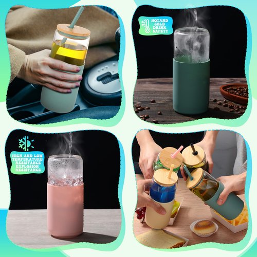 FillTouch 4 Pack 20 oz Glass Tumbler with Lid and Straw Iced Coffee Cup with Protective Silicone Sleeve Cute Smoothie Tumbler Cup Beer Can Drinking Glasses for Spring Summer(Olive, Amber, Black, Pink)