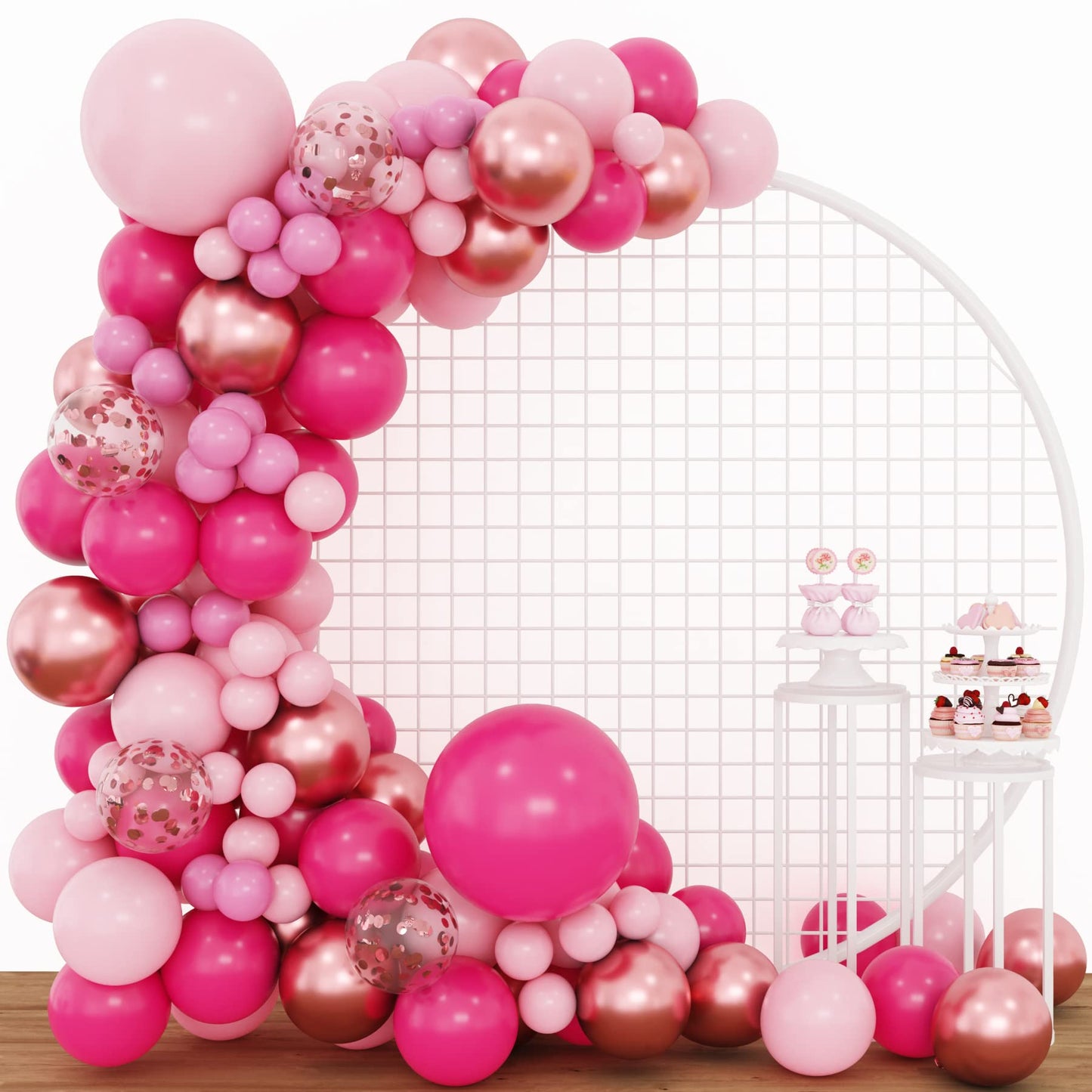 RUBFAC 160pcs Pink Balloon Arch Garland Kit, Hot Pink Rose Gold Metallic Confetti Balloons for Birthday Baby Shower Princess Theme Party Wedding Background Decorations