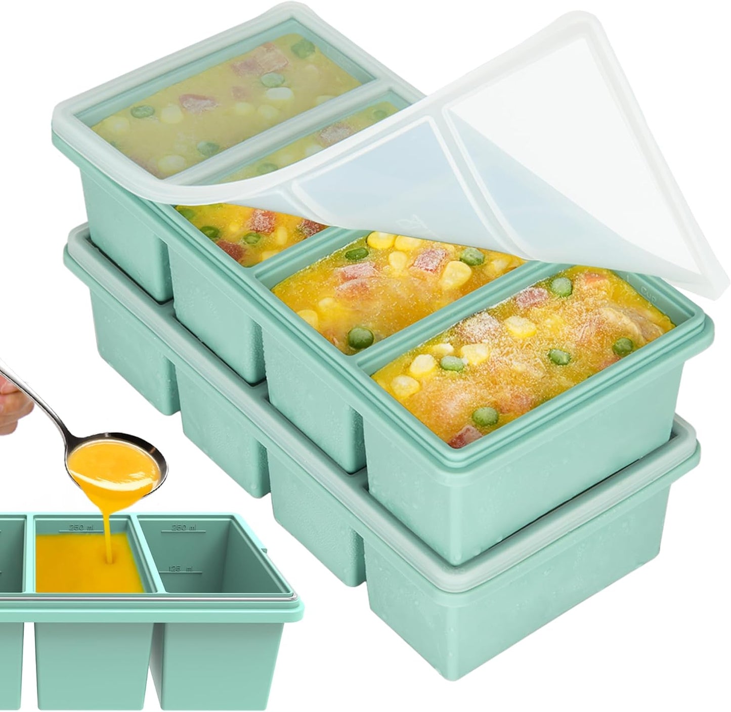 Skiennix Silicone Freezer Trays - Leakproof 1-Cup Ice Cube Containers, BPA Free, 2 Pack for Meal Prep & Leftovers
