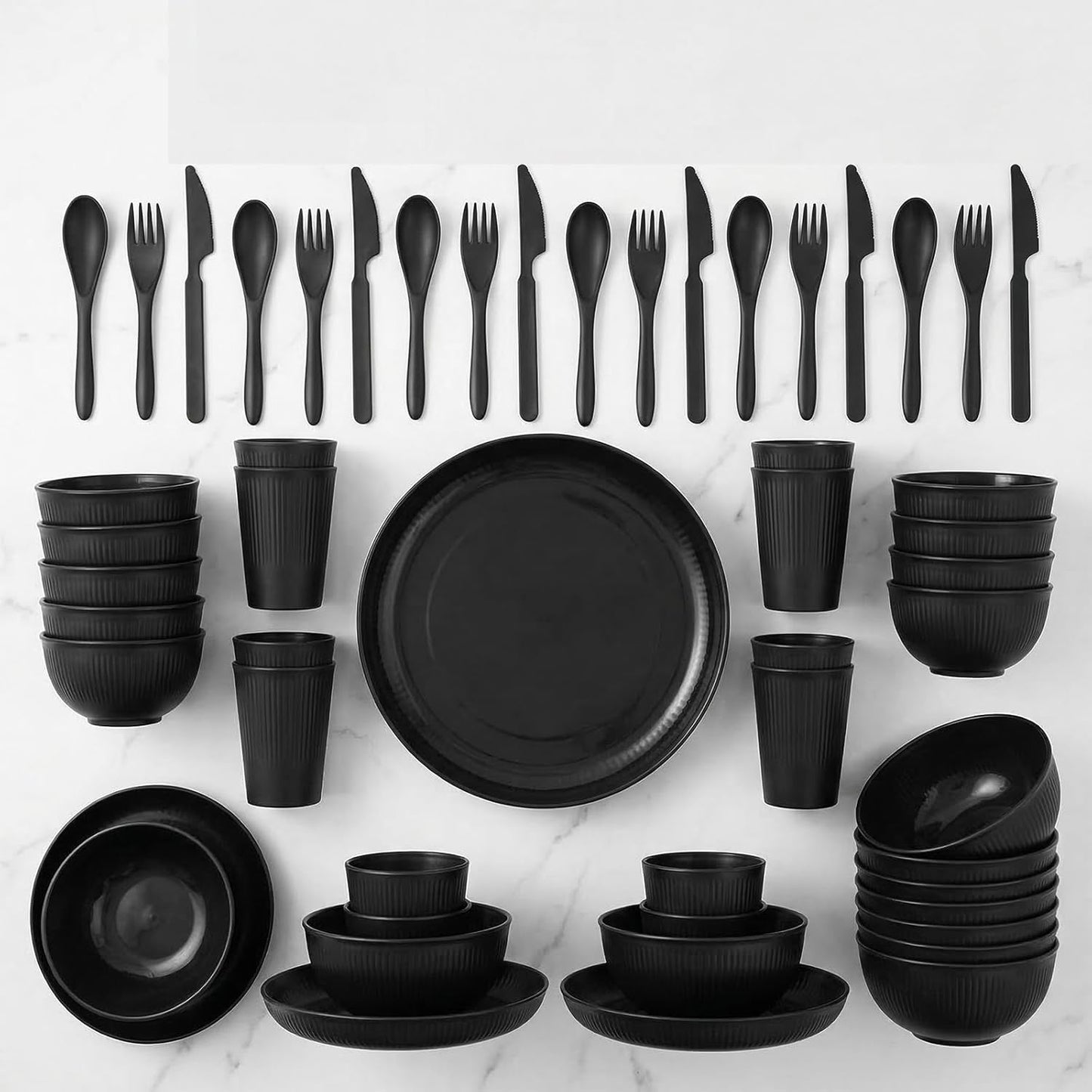 Skiennix 36-Piece Wheat Straw Dinnerware Set - Unbreakable Plates, Bowls & Cups | Dishwasher & Microwave Safe, Black
