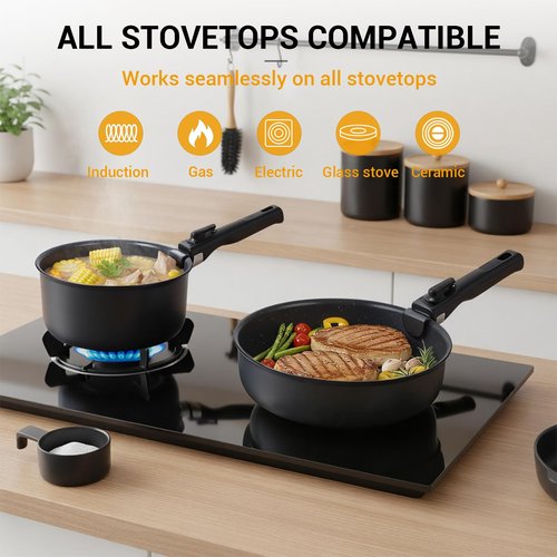 Ammeloo 21-Piece Ceramic Pots and Pans Set Non Stick with Detachable Handles and Egg Frying Pan, Non-Toxic Cookware, Induction Ready, Oven Safe, Stackable for Storage, Black Speckled