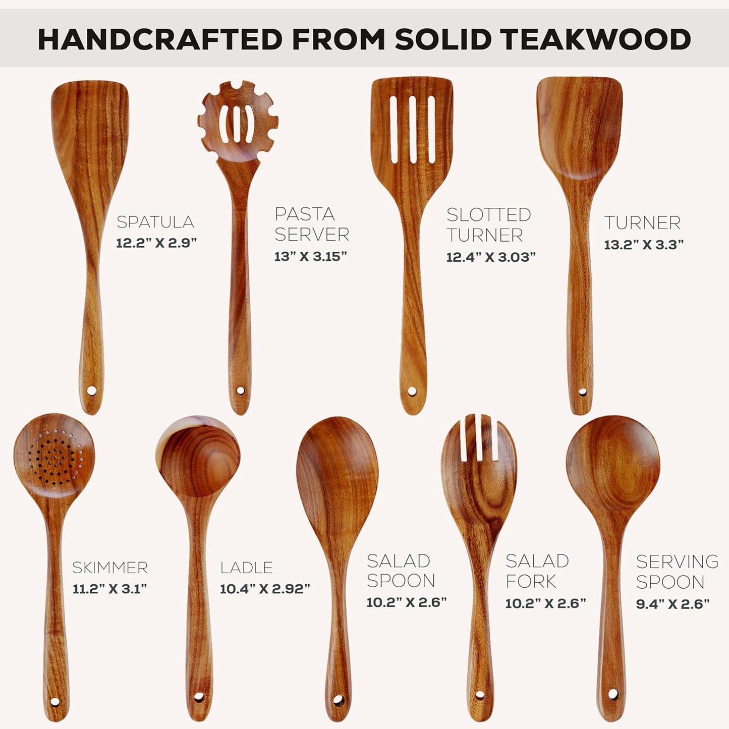 Zulay Kitchen 9-Piece Teak Wood Cooking Utensil Set - Non-Toxic, Non-Stick Wooden Spoons & Tools | Comfortable Grip & Smooth Finish