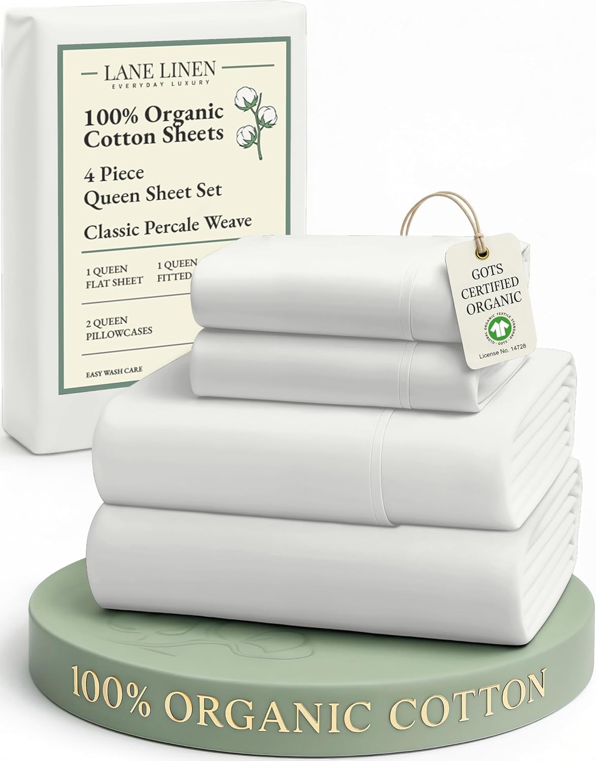 LANE LINEN 100% Organic Cotton Queen Sheet Set - Soft Percale Weave, Deep Pocket, Hotel-Quality | Glacier Grey