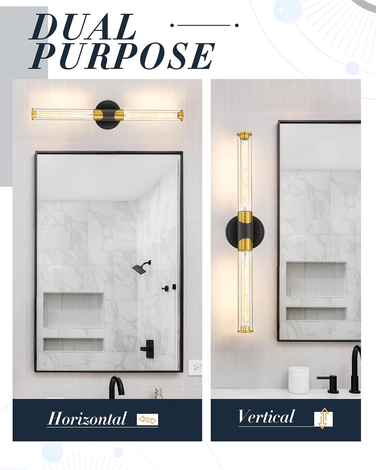 Industrial Sconces Wall Lighting, HWH 2-Light Bathroom Vanity Light Fixtures Black and Gold, 27'' Vanity Light Bar Cylinder Wall Lamp Over Mirror Bedroom Kitchen, 5HZG105B BK+BG
