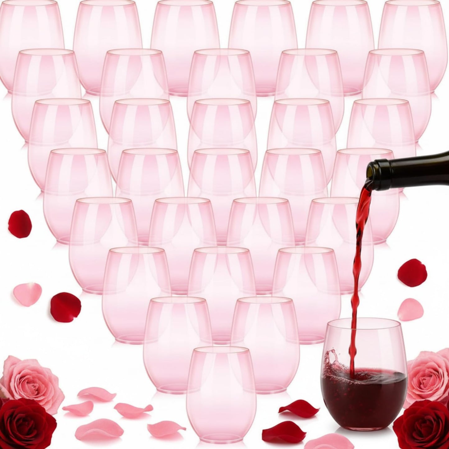 Layhit 32 Pcs Pink Stemless Wine Glasses Plastic Reusable Unbreakable Whiskey Champagne Drinking Glasses Cups for Wedding Anniversary Mother's Day Birthday Party(14 Oz)