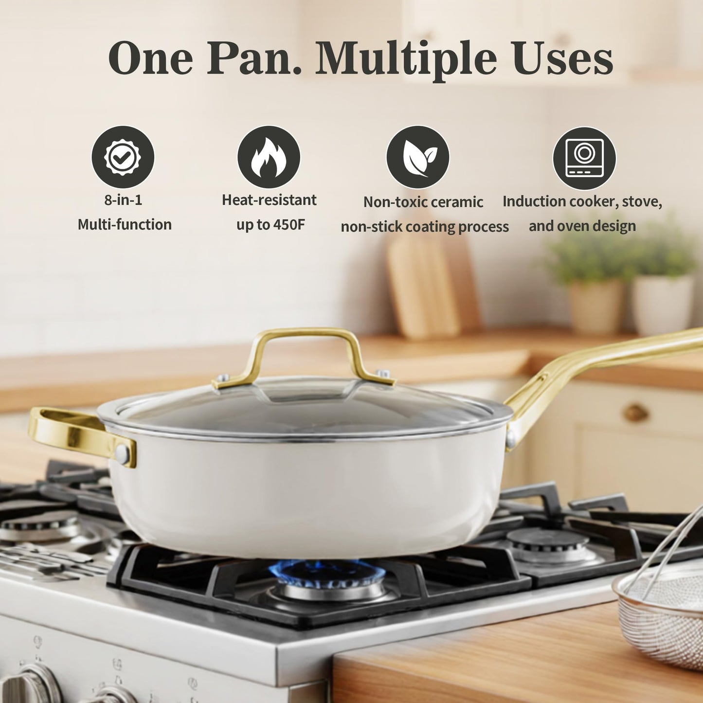 MOSIECH 10-Inch Ceramic Non-Stick Cookware Set, 8-in-1 Multifunctional Cookware, Interior & Exterior Ceramic Coating, PFAS/PTFE/PFOA-Free, Compatible with All Stovetops， Oven-Safe up to 450°F
