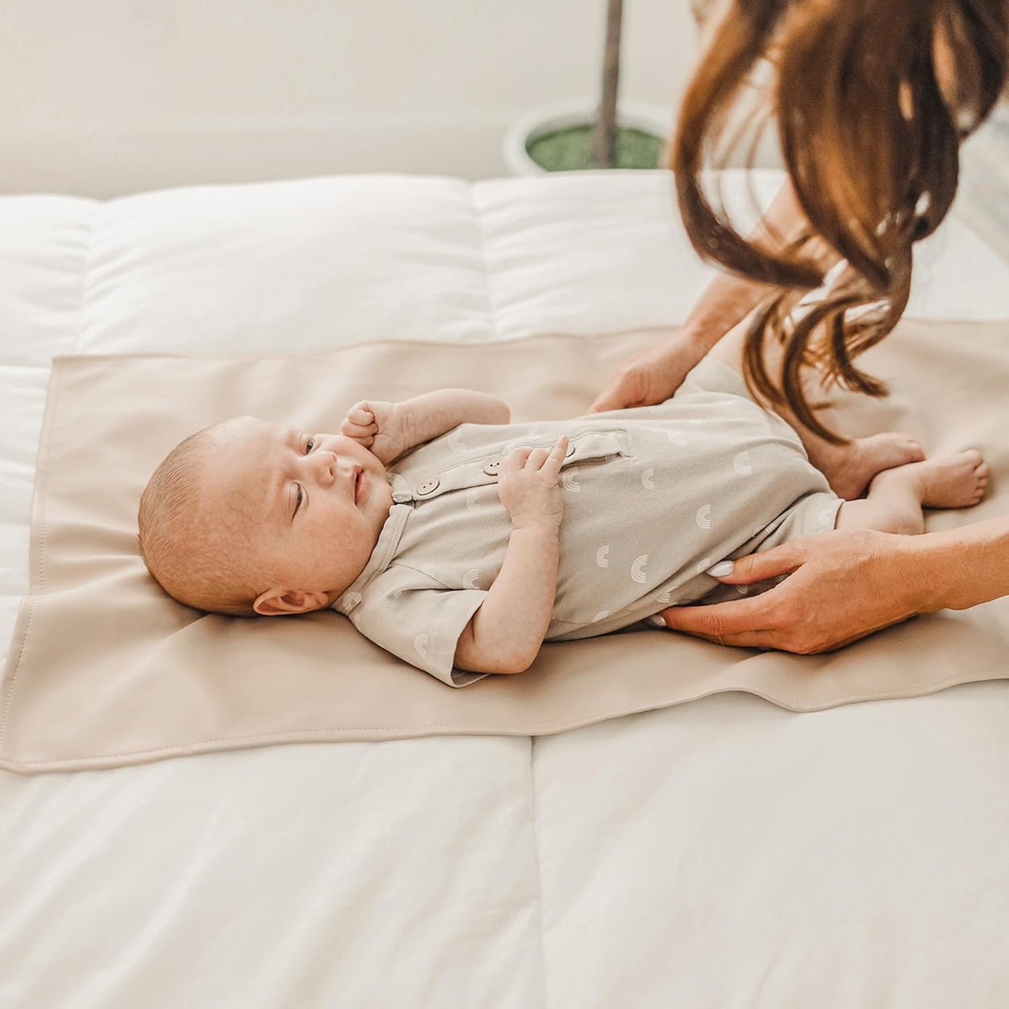Konssy Faux Leather Baby Changing Mat - Waterproof & Portable Diaper Changing Pad | 30 x 17 Inches (Brown/Beige)