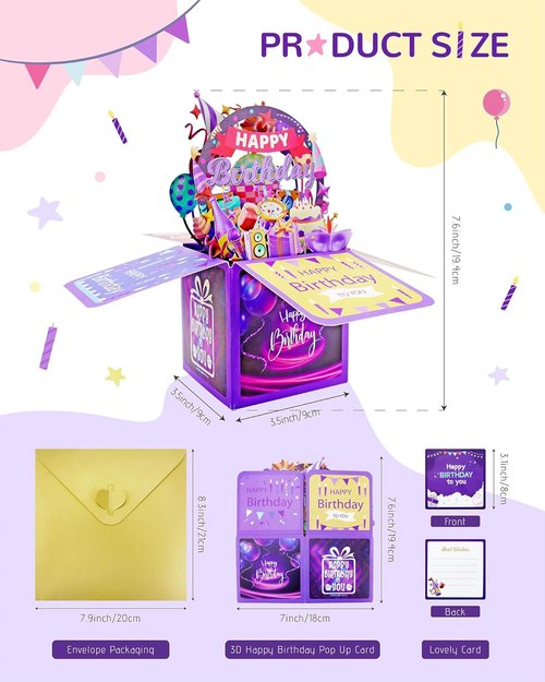 3D Birthday Gift Box - Unique Pop-Up Card with Blank Greeting Card & Envelope for Women
