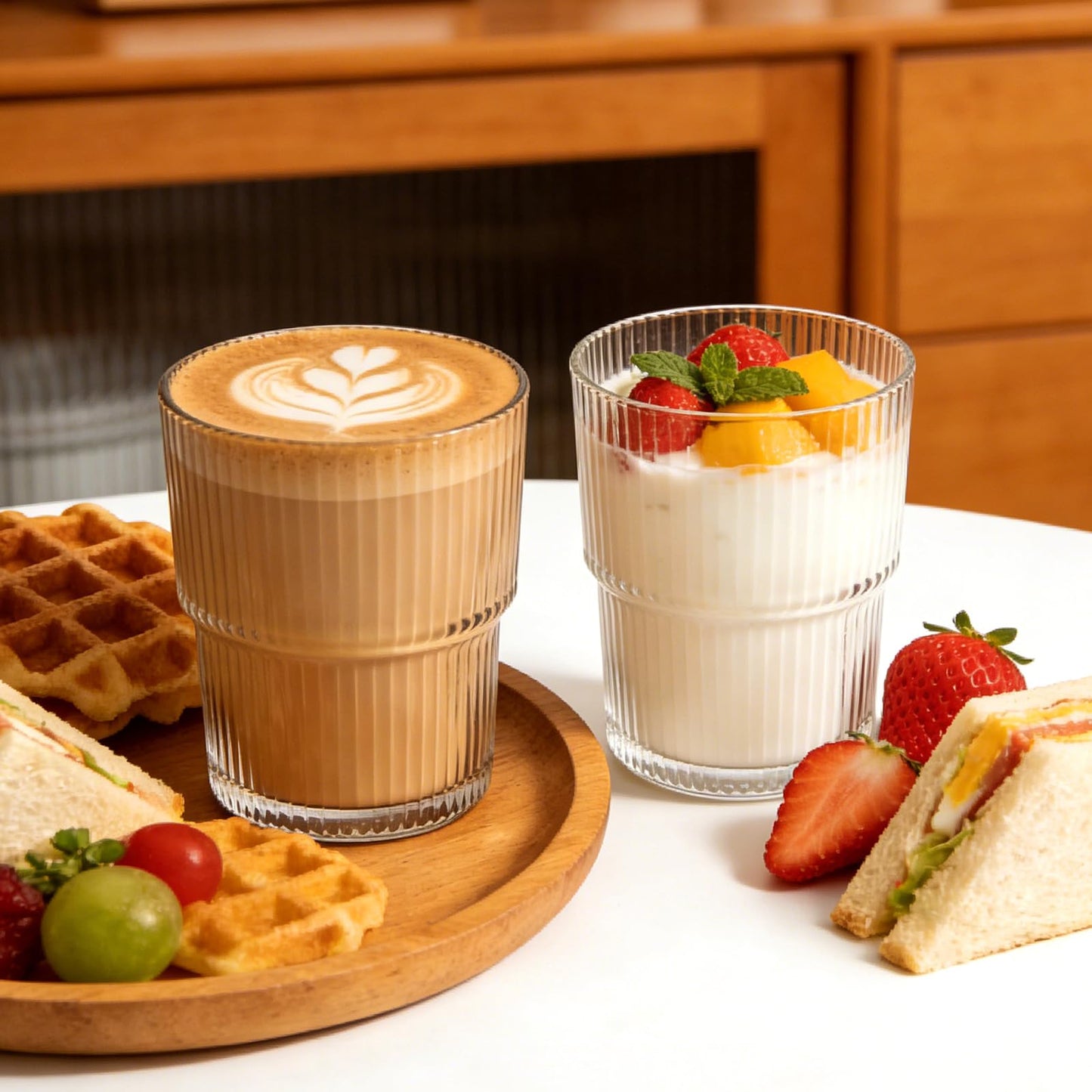 Woaiwo-q 6 Pack 13oz Ribbed Glass Tumbler with Lid and Straw, Iced Coffee Cup Set, Boba Aesthetic Drinking Mug, Coffee Glasses for Matcha Smoothie Juice Tea Latte Cappuccino Cocktail
