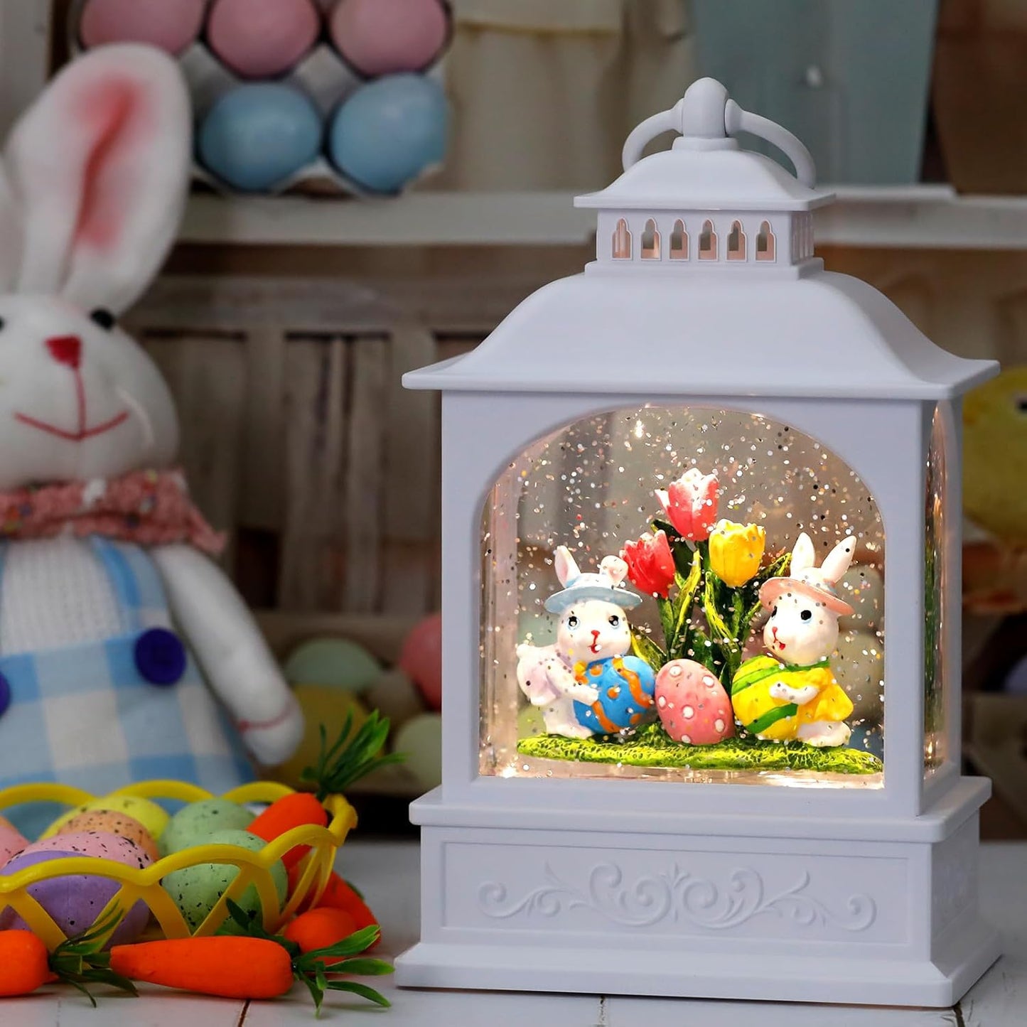 Skiennix Easter Bunny Snow Globe - Glitter Lantern with 6-Hour Timer & Colorful Eggs Decor