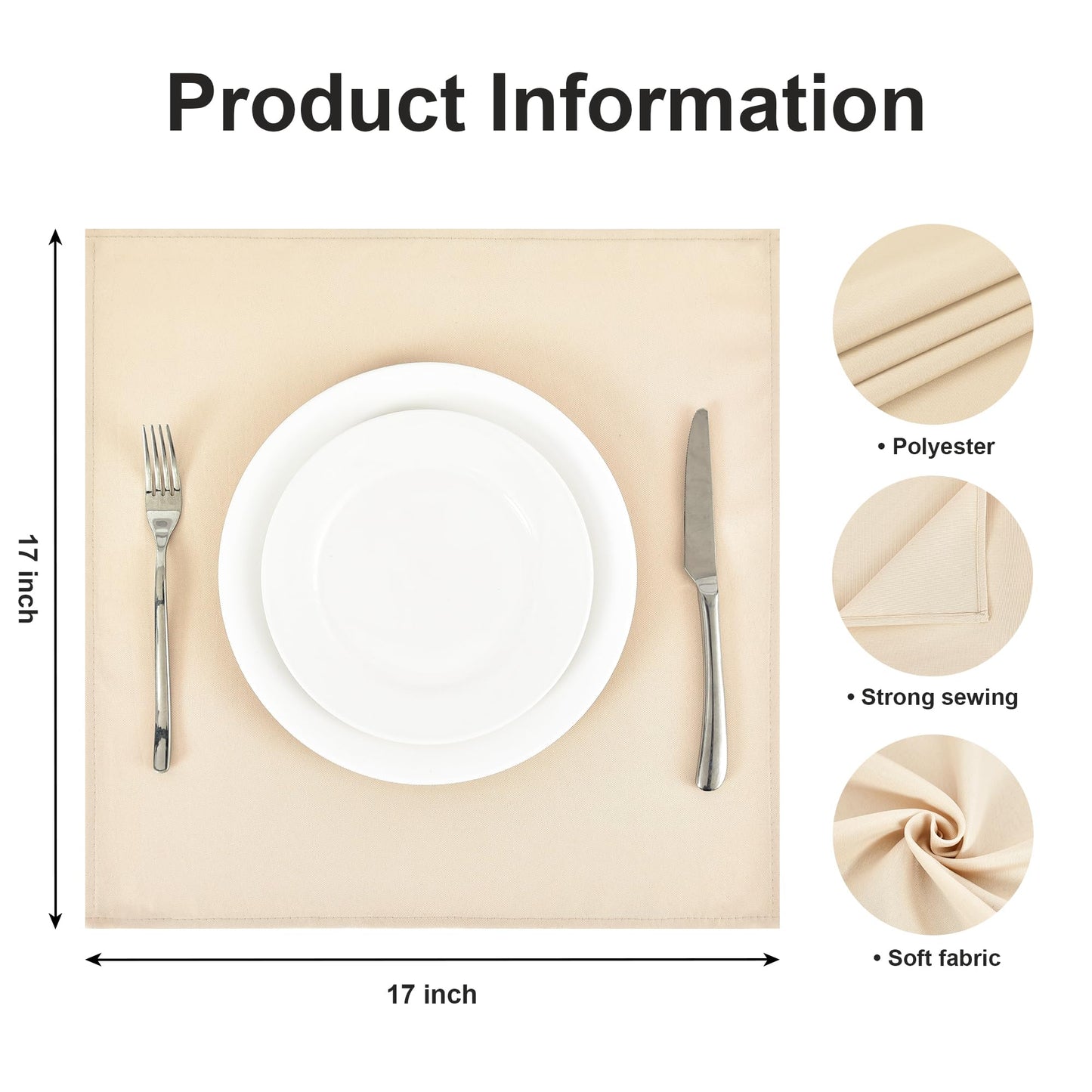Wolkemer Set of 4 Beige Cloth Napkins 17 x 17 Inches Solid Washable Polyester Dinner Napkins with Hemmed Edges for Dinners Parties Weddings Banquets Events Table Decoration