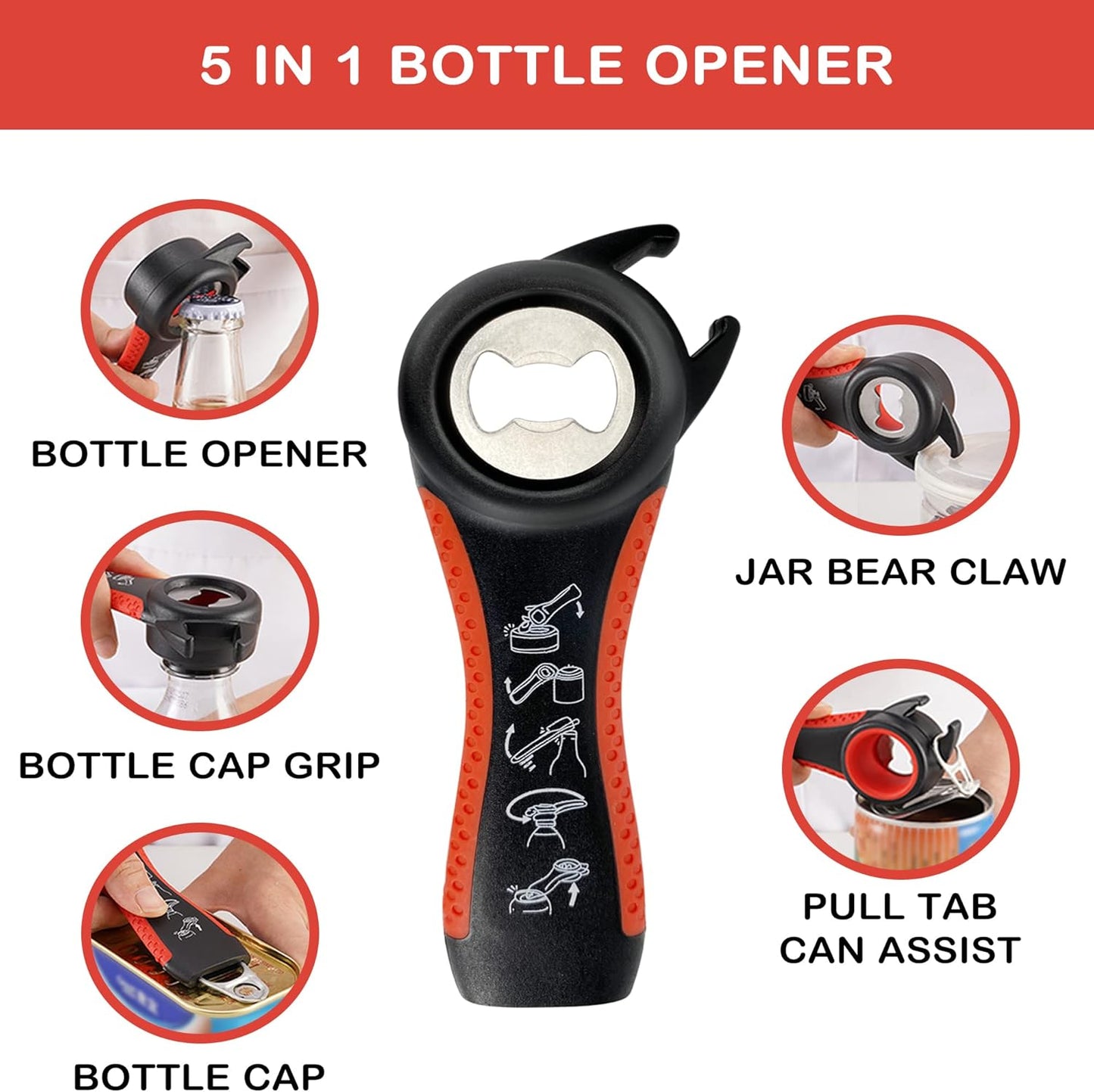 Regine Switzerland Jar Opener - 5-in-1 Multi-Function Lid Opener for Seniors with Arthritis | Non-Slip Grip Pad (Red)