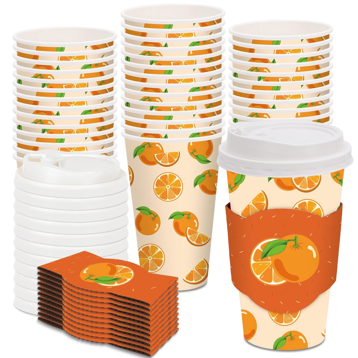 JarThenaAMCS 48 Set Little Cutie Disposable Coffee Cups with Lids and Sleeves Orange Paper Cups Cute Drinking Cup for Baby Shower Birthday Party Supplies