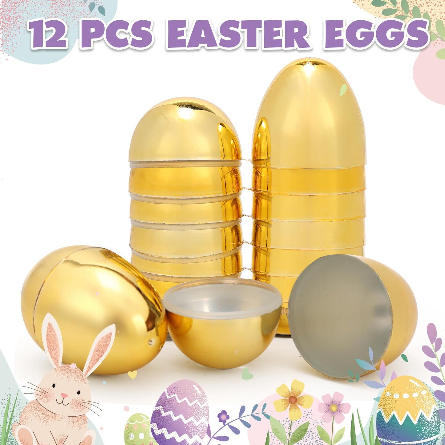 Skirfy Fillable Easter Eggs 3.15" Inch (12 Pack) with Hinge Bulk Golden Bright Plastic Easter Eggs, Perfect for Easter Egg Hunt,Birthday Party Favor
