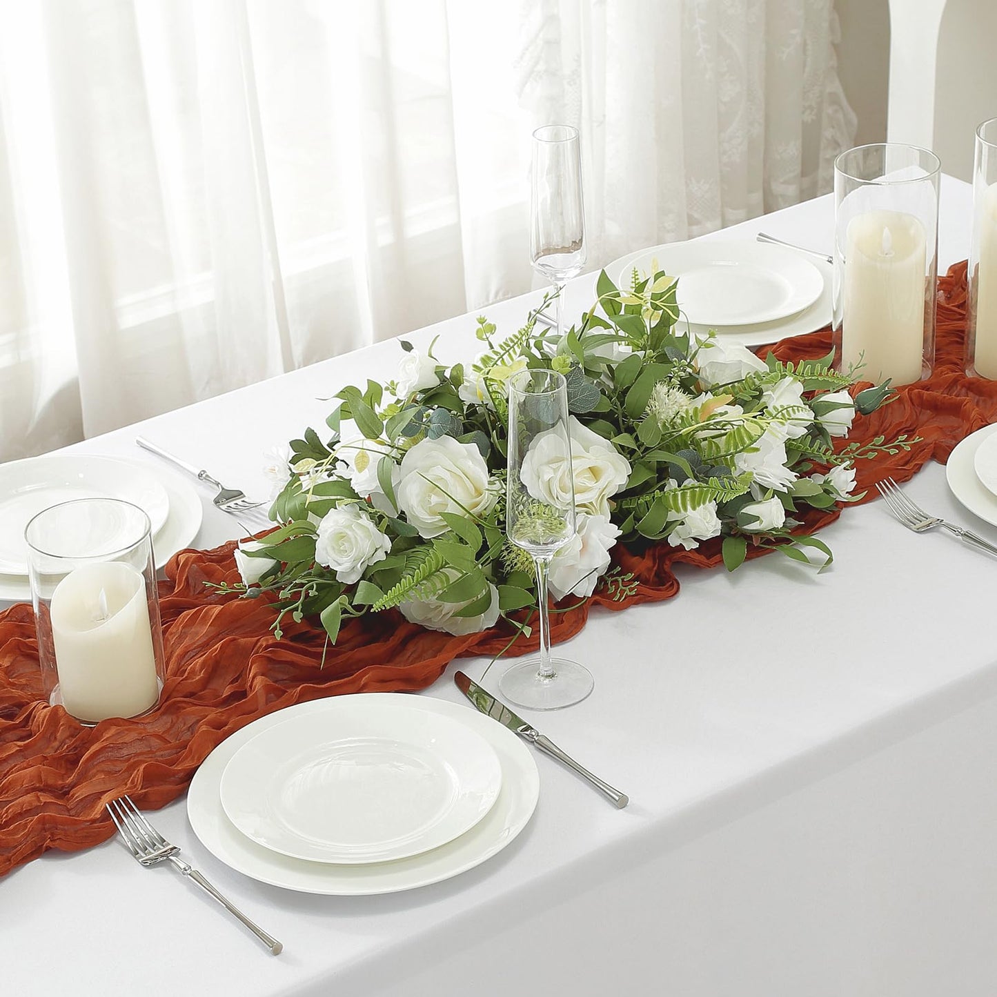 meioro Cheesecloth Table Runner 13.3 FT Terracotta Boho Gauze Cheese Cloth Runner 160 Inches Long Rustic Sheer Table Runners for Christmas Wedding Bridal Baby Shower Birthday Party Decoration