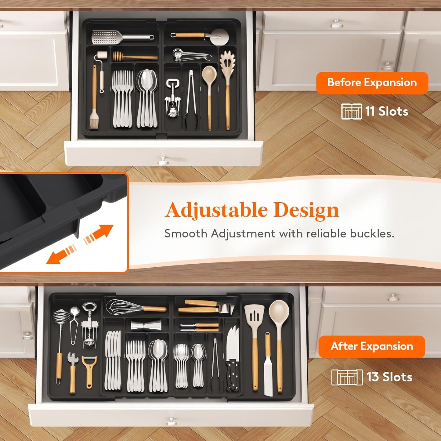 Lifewit Expandable Silverware Drawer Organizer - BPA-Free Plastic Utensil Tray for Kitchen | Adjustable Cutlery Holder (21.3-36 x 16.9", Black)