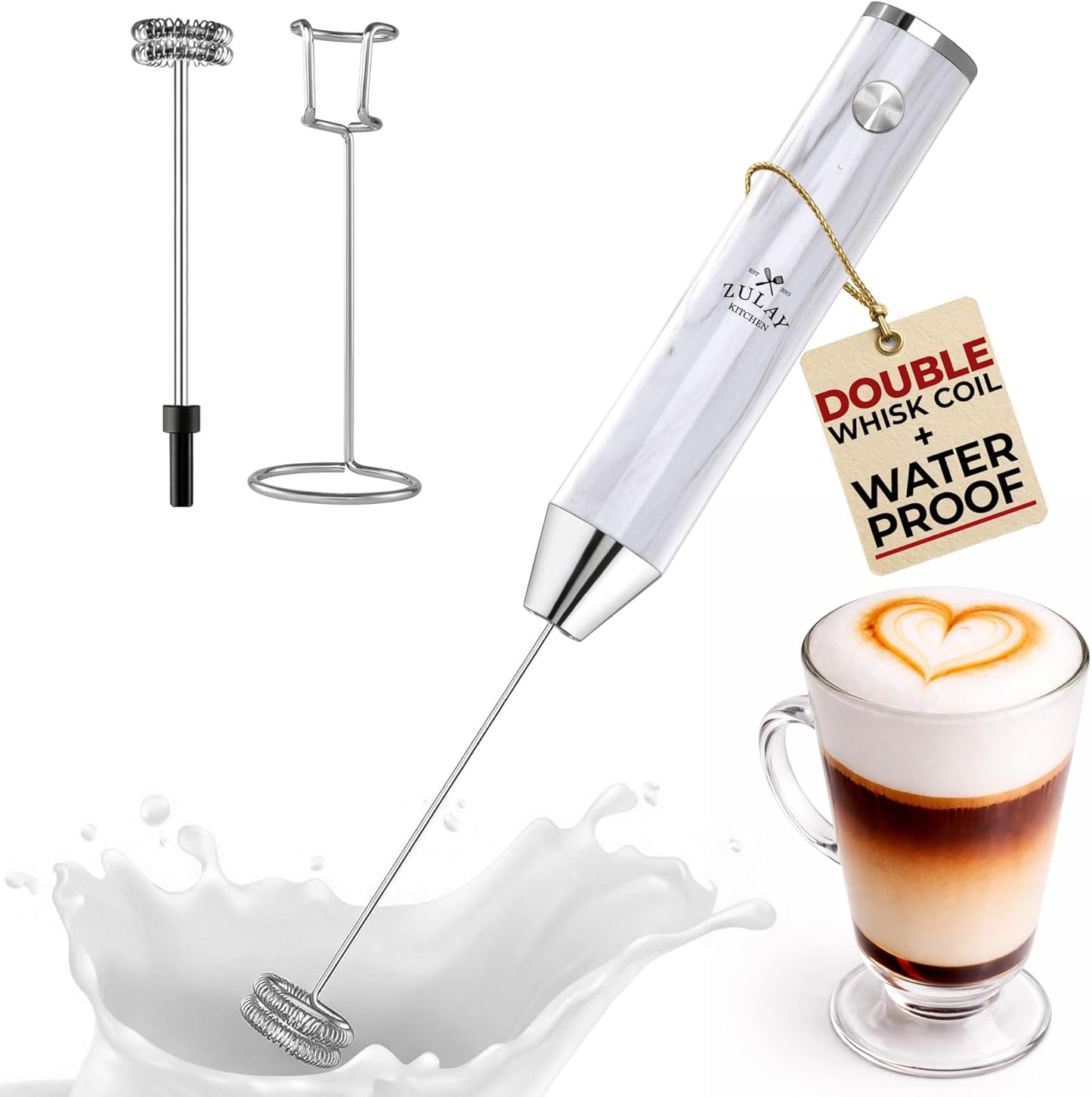 Zulay Kitchen Rechargeable Milk Frother - Powerful 2-Speed Motor, Waterproof, 2000mAh Battery | White Marble Drink Mixer for Lattes, Cappuccinos & Matcha