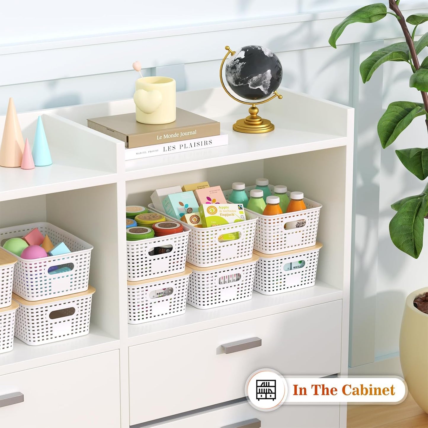 Ohmlove Plastic Storage Baskets - Stackable Containers with Bamboo Lid for Organizing | 6 Pack