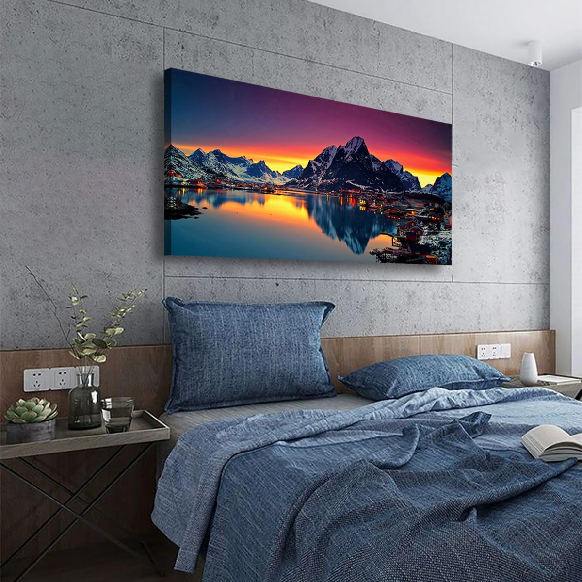 Lofoten Islands Norway Canvas Wall Art - 40"x20" Snowy Mountain Fjord Village Sunset Landscape Print, Waterproof Modern Wall Decor for Living Room Bedroom Office, Ready to Hang