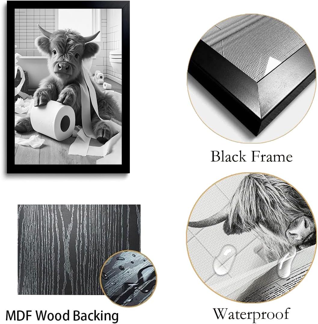 OIQArt Funny Bathroom Wall Art - Black and White Highland Cow Canvas Print | Modern Minimalist Decor