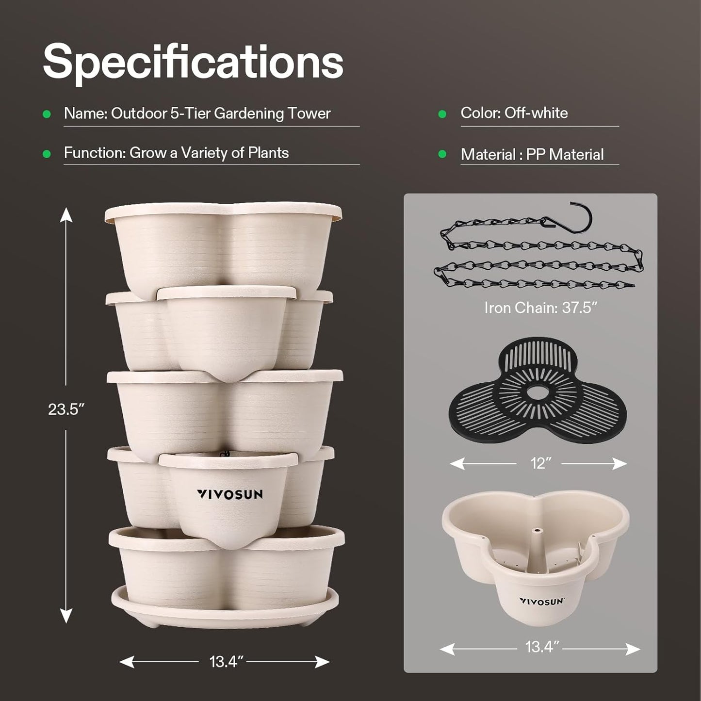 VIVOSUN 5-Tier Vertical Gardening Planter - Stackable Design for Strawberries, Herbs & Vegetables | Ivory