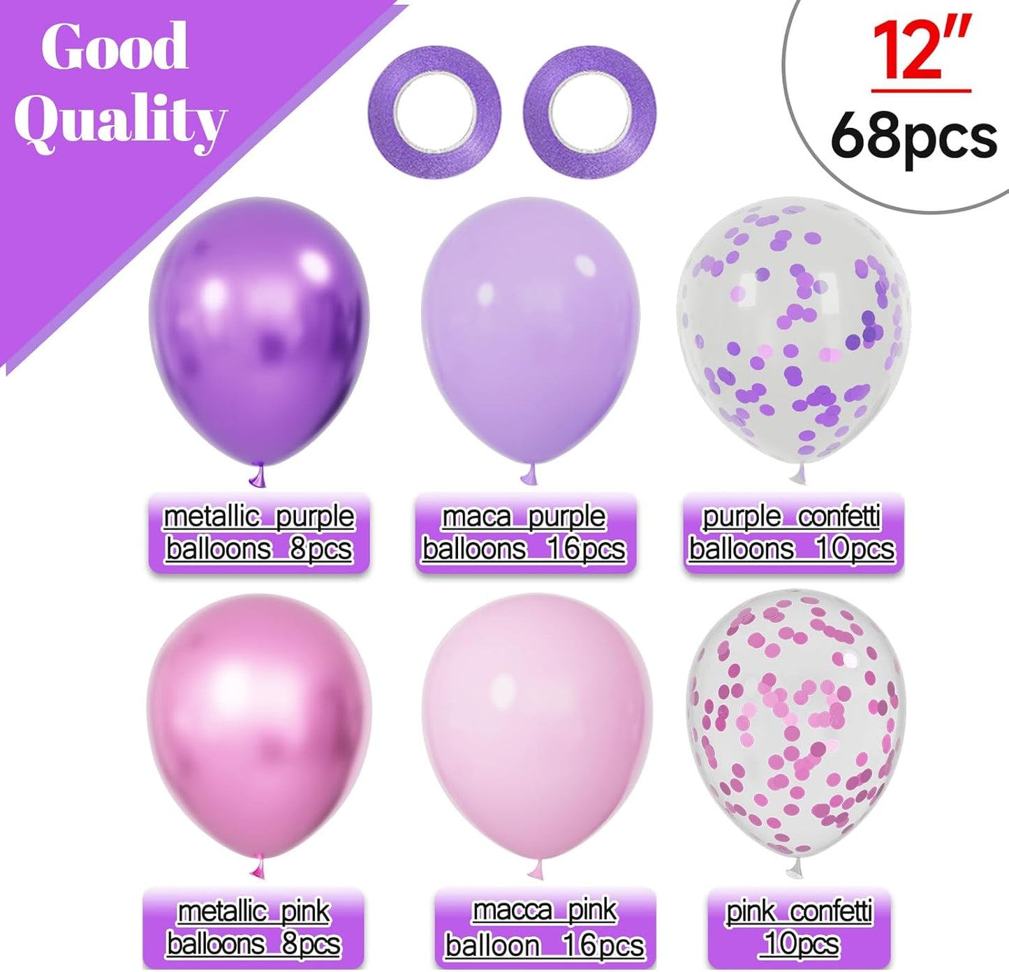 Skiennix 68-Piece Pink & Purple Balloon Set - 12-Inch Metallic Latex Balloons with Ribbons for Parties & Celebrations