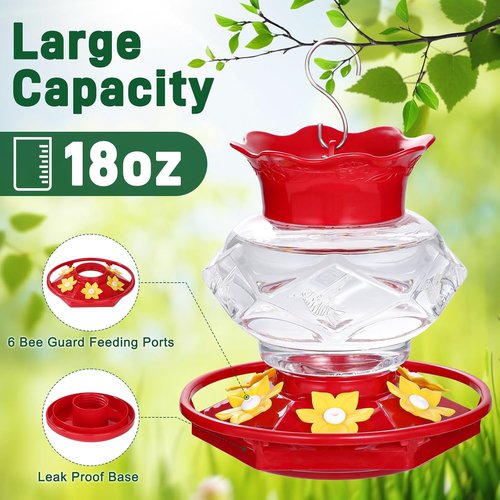 Fchstaer Hummingbird Feeder - 18oz Outdoor Hanging Design with 6 Feeding Ports & Ant Moat | Perfect Garden Decor Gift