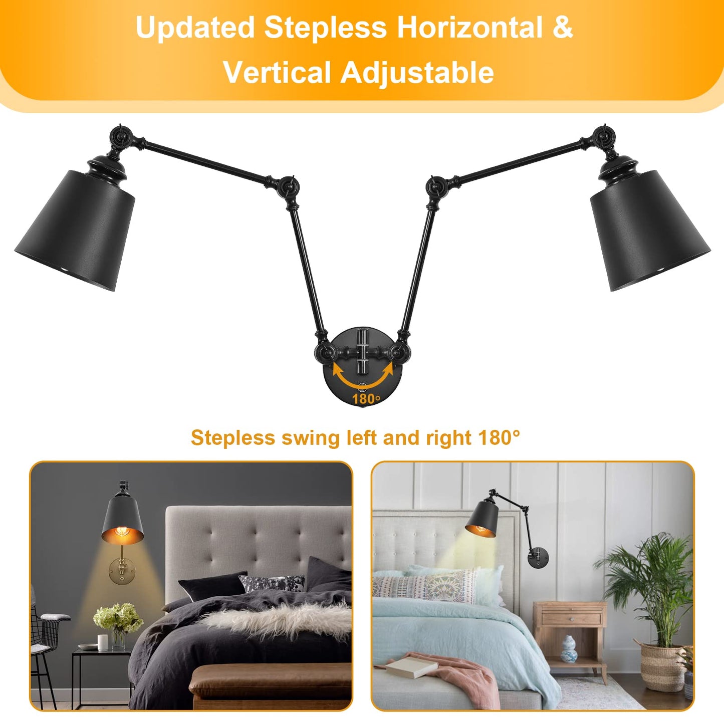 HOXIYA DIMMABLE Swing Arm Plug in Wall Lamps Set of 2, Plug-in Wall Sconce with Dimmer Switch Cord, Matte Black Metal Industrial Reading Light Fixture Wall Mounted for Bedside Bedroom Living Room