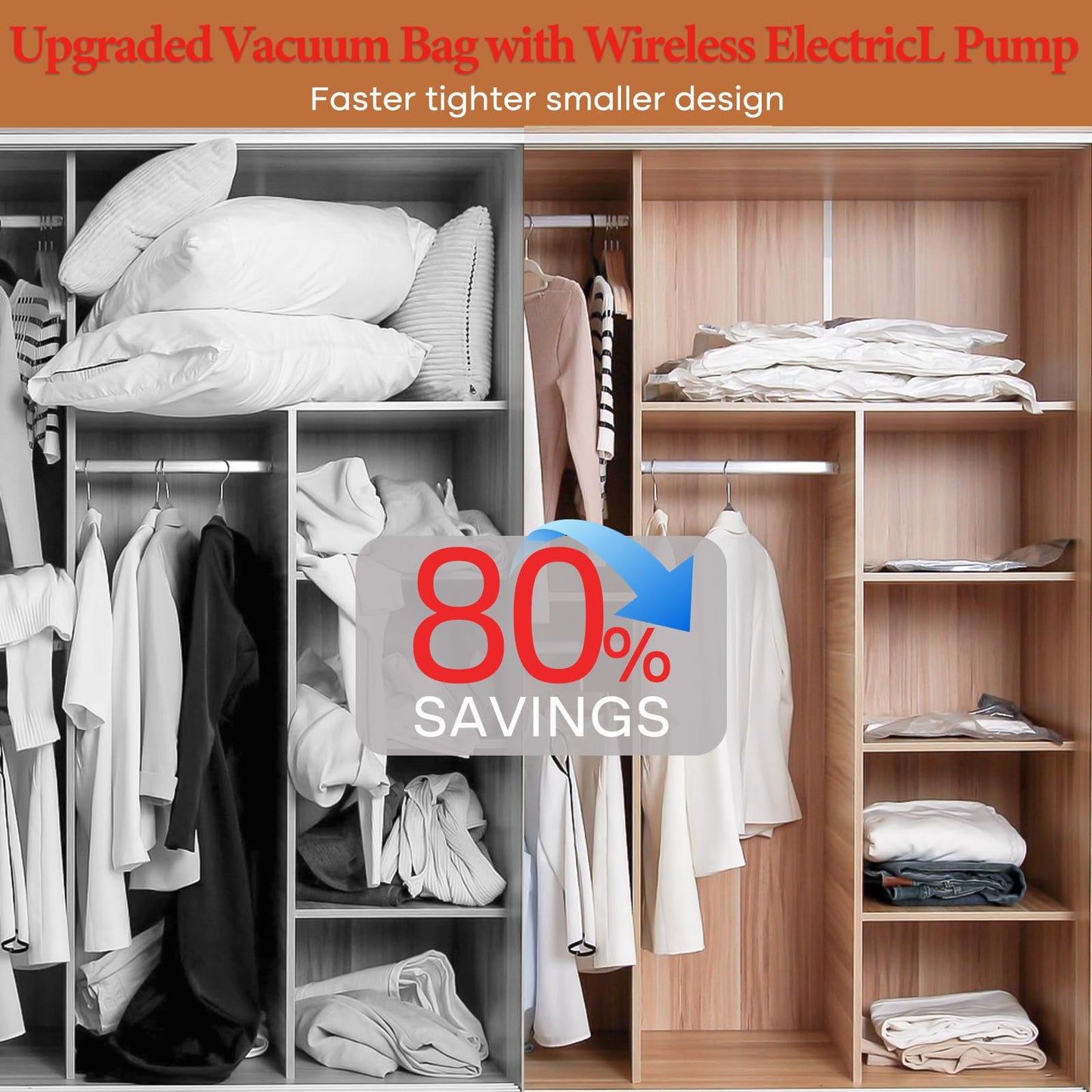 Vacbird Vacuum Storage Bags for Clothing Travel, 10 Pack Vacuum Bags with Rechargeable Cordless Air Pump(2 Large+4 Medium+4 Small), Compression Packing for Clothes Blanket Suitcase Luggage