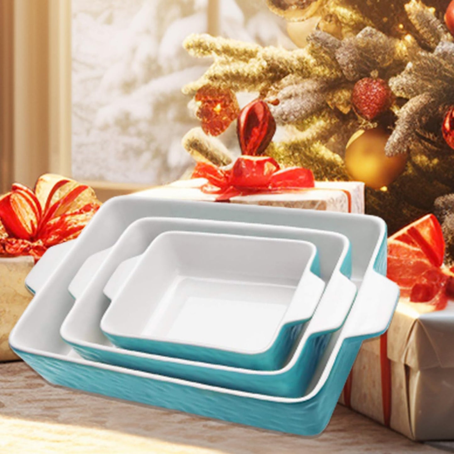 Krokori Casserole Dishes for Oven, Ceramic Baking Dishes, Lasagna Pan with Handles, Porcelain Baking Pan Deep, Bakeware for Baking, Cooking, Wedding Gift, Set of 3 (11.6" x 7.8", Aquamarine)