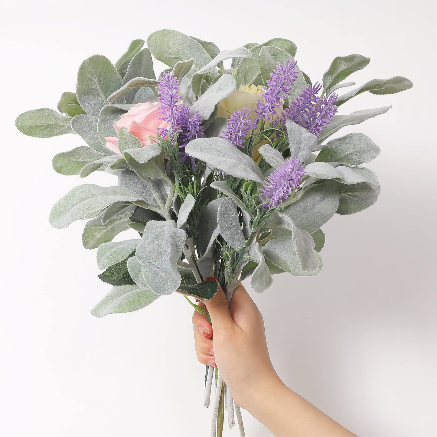 SHACOS Artificial Flocked Lambs Ear Stem 12 Pieces Lamb's Ear Branch Foliage Pick Greenery Leaf Flower Spray for Home Wedding DIY Floral Arrangement