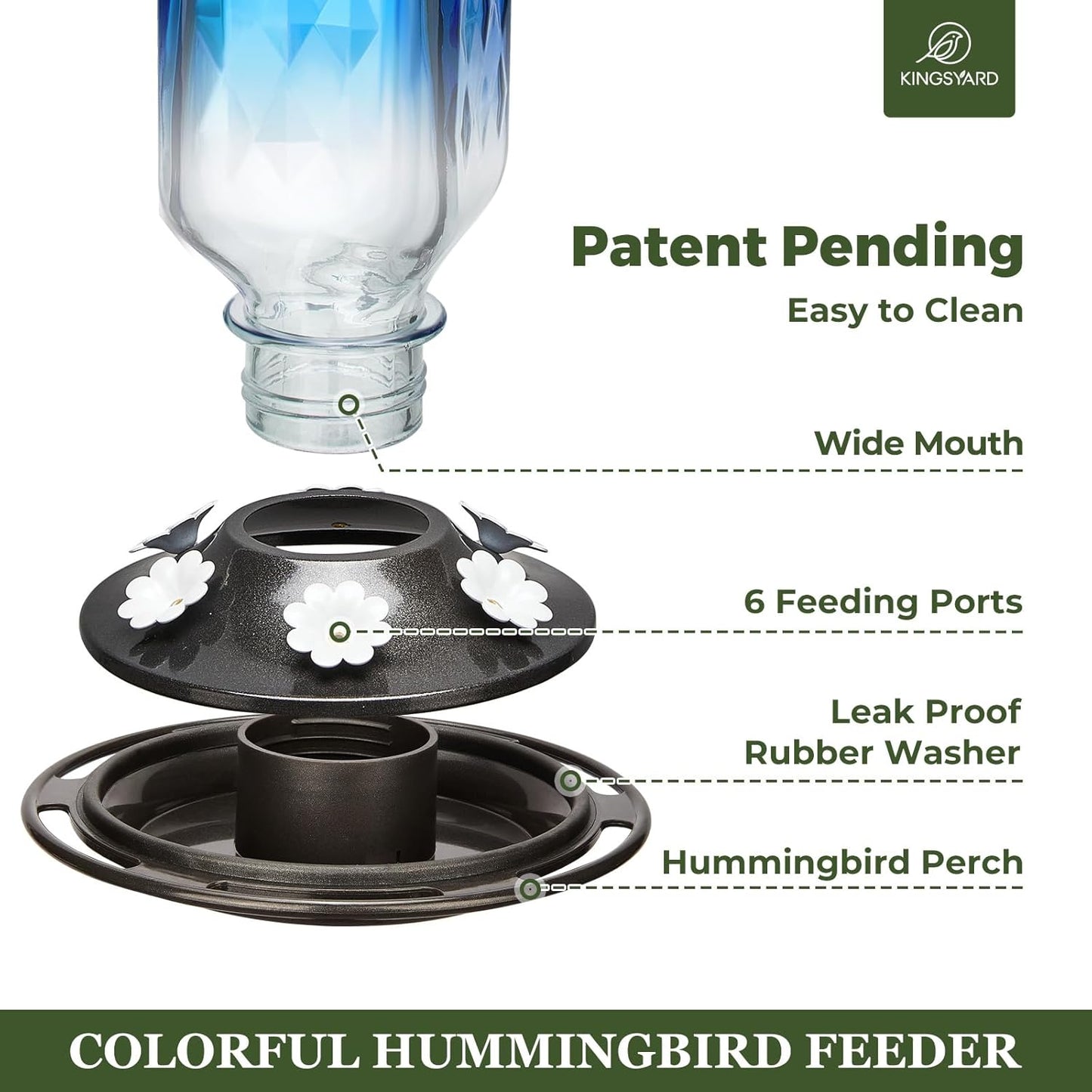 Kingsyard Hummingbird Feeder - 24 Ounce Glass Design with 6 Feeding Ports & Ant Moat | Blue Garden Décor
