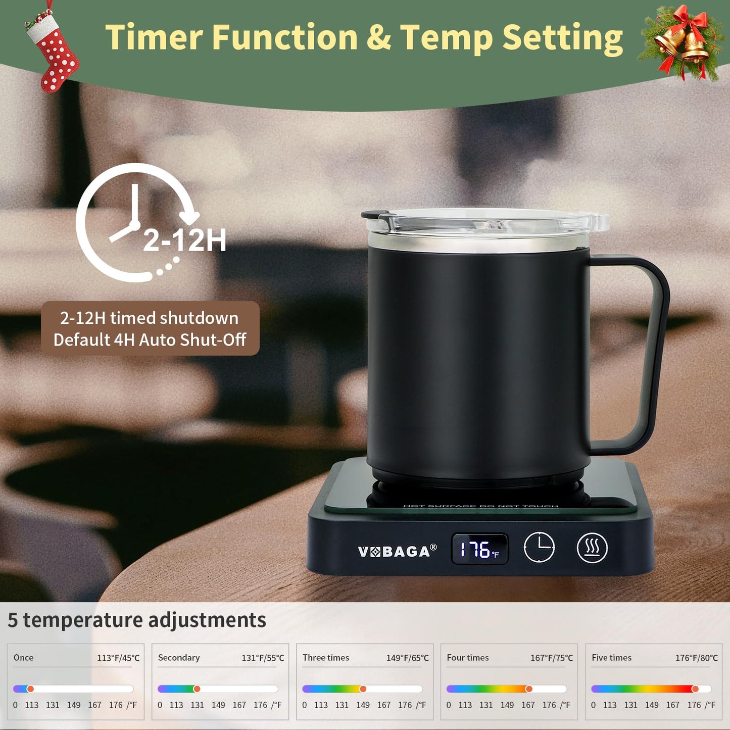 VOBAGA Mug Warmer with 15oz Mug Set, Smart Coffee Mug Warmer for Desk with 5 Temp Settings & 2-12H Auto Shut Off, Coffee Warmer for Candles, Coffee, Cocoa, Milk, Best Coffee Gifts for Men Women