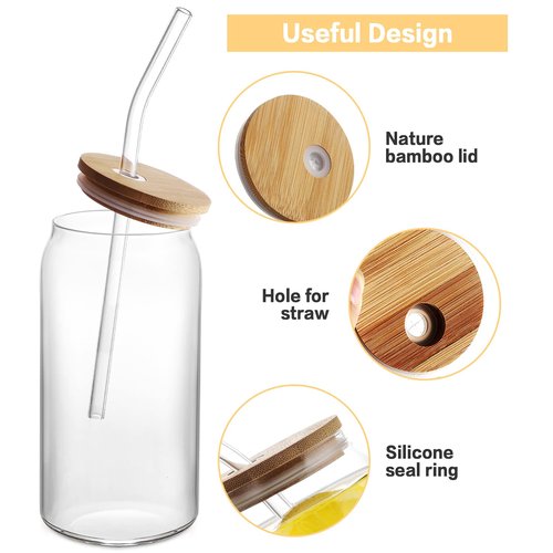 HOMBERKING Glass Cups with Bamboo Lids and Straws 4pcs Set, 16oz Can Shaped Drinking Beer Glasses, Iced Coffee Cups, Cute Tumbler with 1 Cleaning Brush, Ideal for Cocktail, Whiskey, Tea, Gift