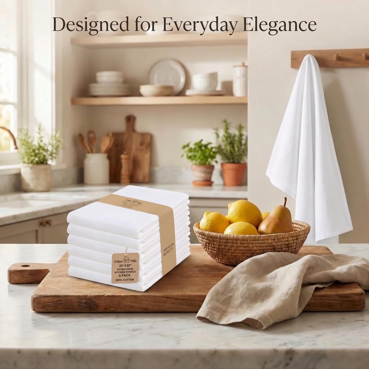 Urban Villa Kitchen Towels 100% Cotton Dish Towels for Kitchen(Set of 6) 20”x30” Dish Cloths Highly Absorbent Kitchen Linen Set with Hanging Loop Perfect for Drying Dishes Cleaning Hand Towels – White