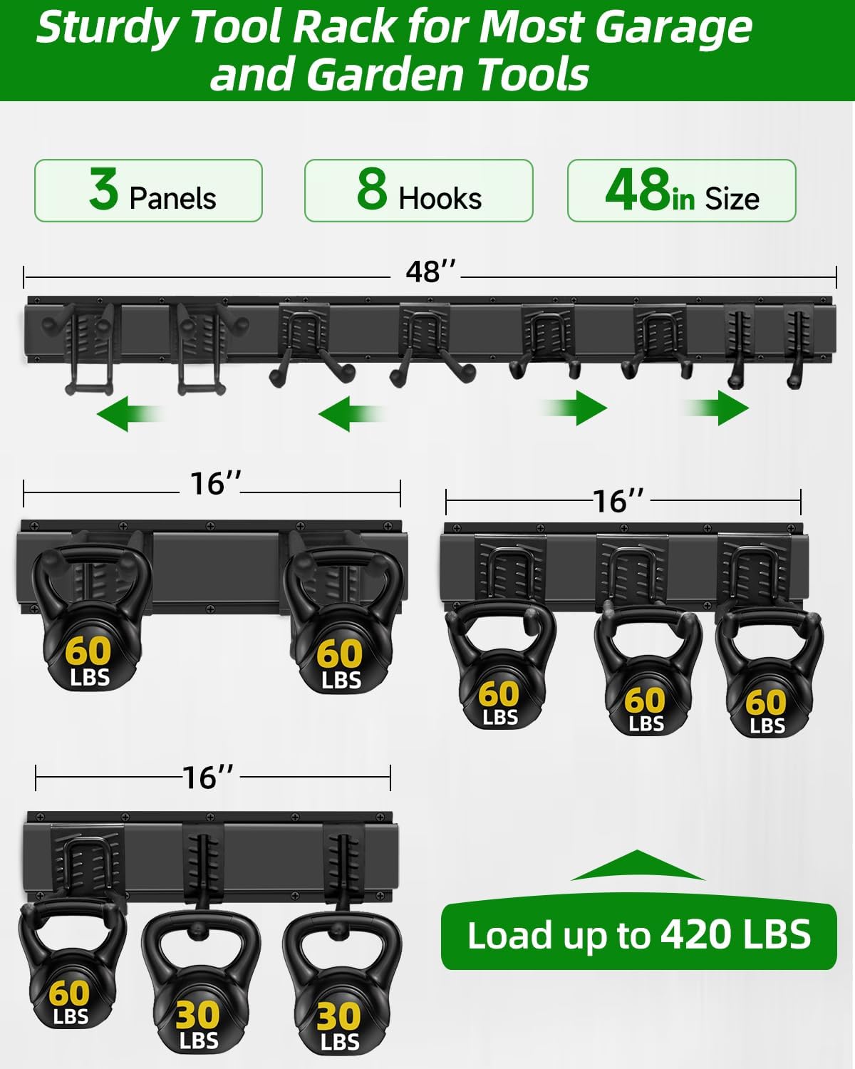 PIYILO Garden Tool Organizer - 48-Inch Heavy Duty Wall Storage Rack with 18 Garage Hooks for Yard Tools