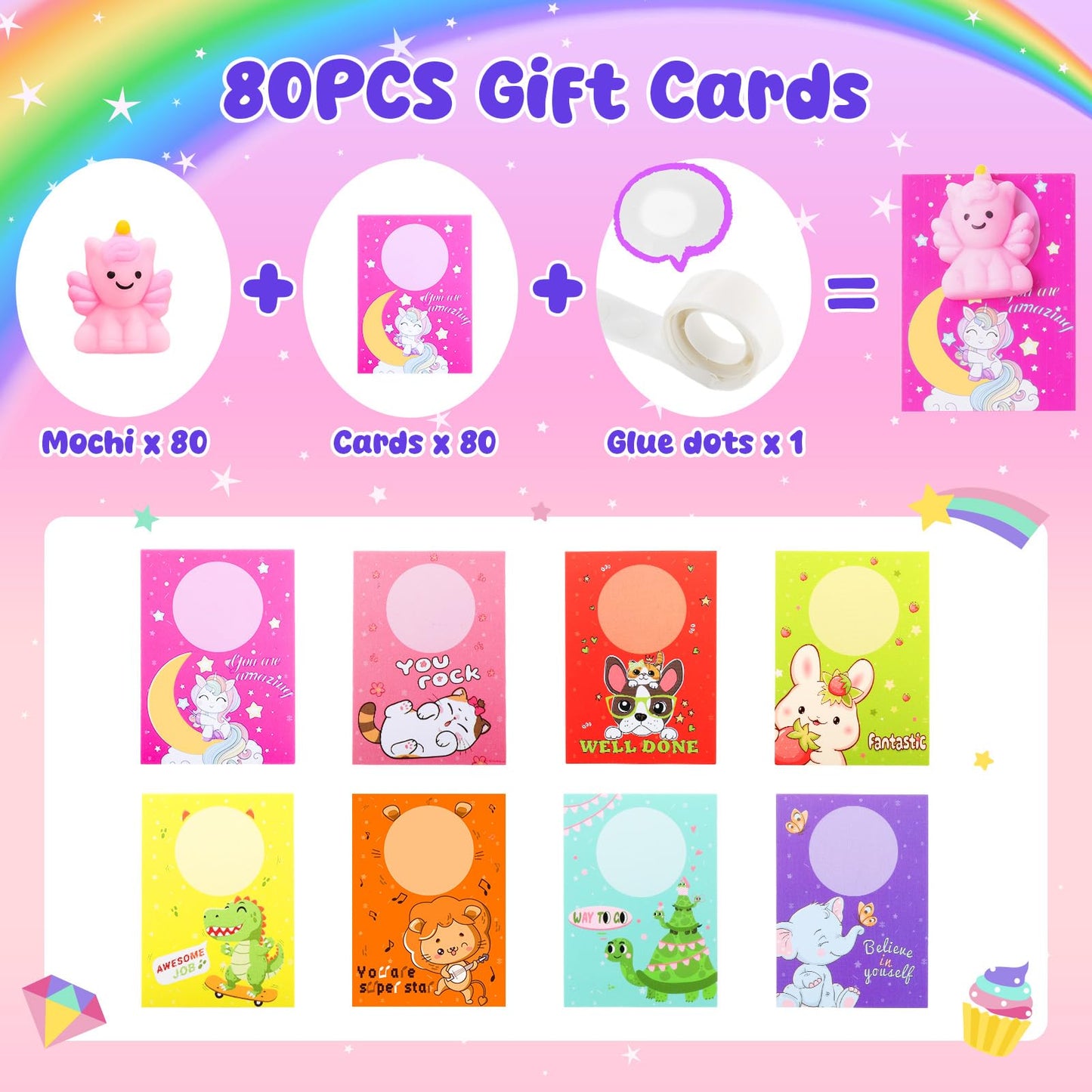 Zefy 80 Pcs Mochi Squishy Toys with Cards, Squishy Fidget Toys Valentine Party Favors for Kids 4-12, Classroom Prizes Treasure Box for Pinata Stuffers Goodie Bags Easter Basket Birthday Gifts