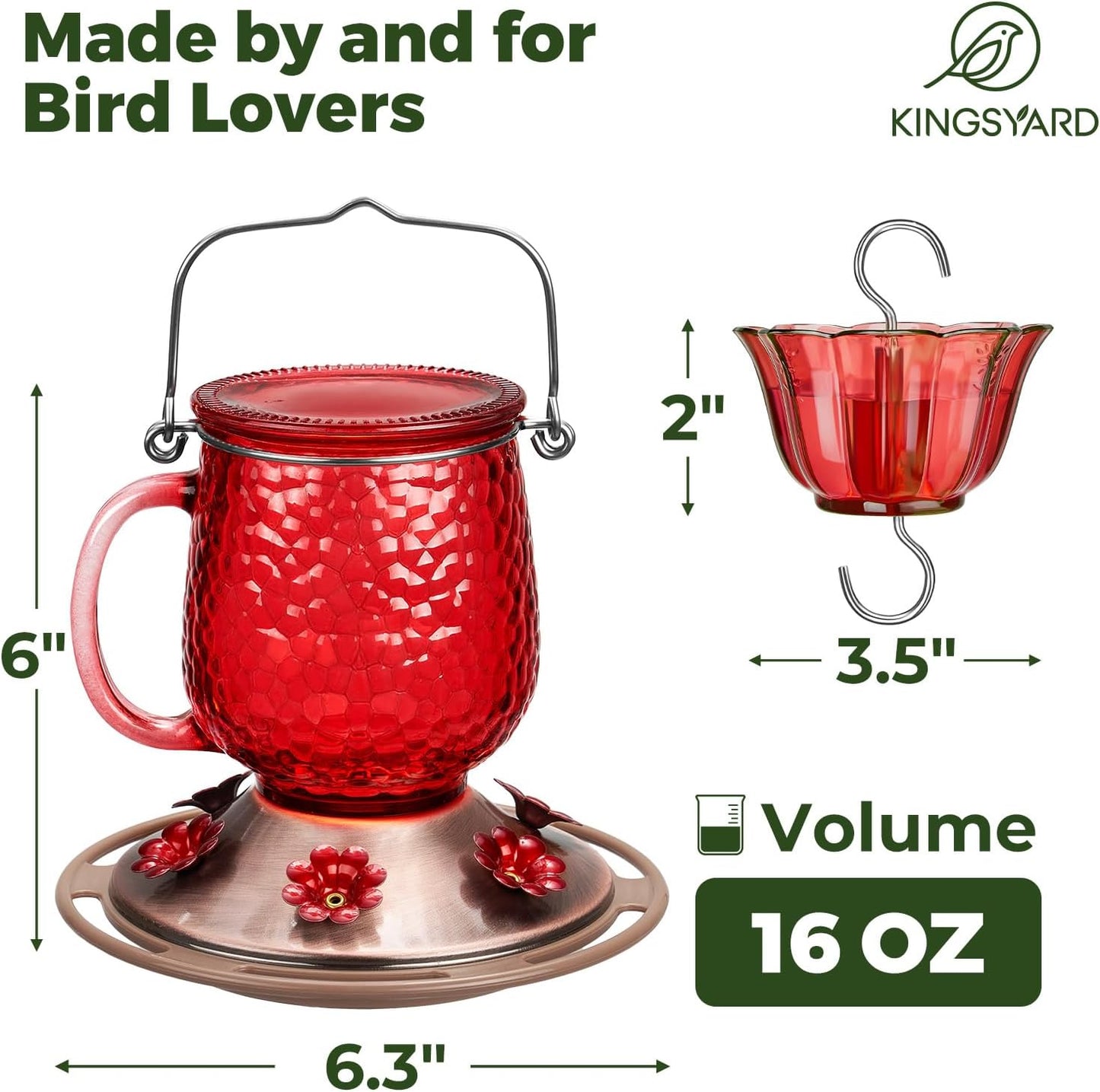 Kingsyard Hummingbird Feeder - 16 Oz Outdoor Glass Nectar Feeder with 6 Feeding Ports & Ant Moat | Red Garden Décor Gift