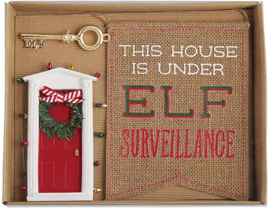 Mini Elf Door Key & Flag Gift Set - Rustic Burlap Christmas Sign - 5.5" x 7"