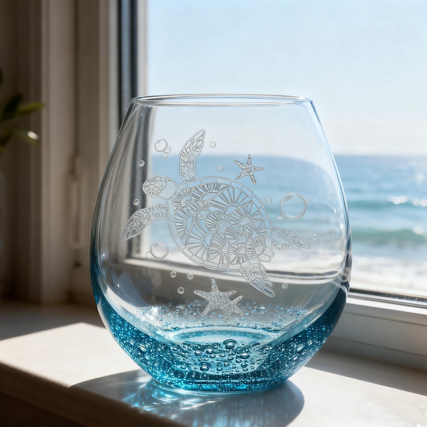 Sea Turtle Stemless Wine Glass - 19oz Hand-blown Blue Bubble Base Glassware-Unique Birthday Gifts for Women & Turtle Lovers-Coastal Ocean Decor for Beach House & Parties-Gift Box Included(Bubbly Teal)