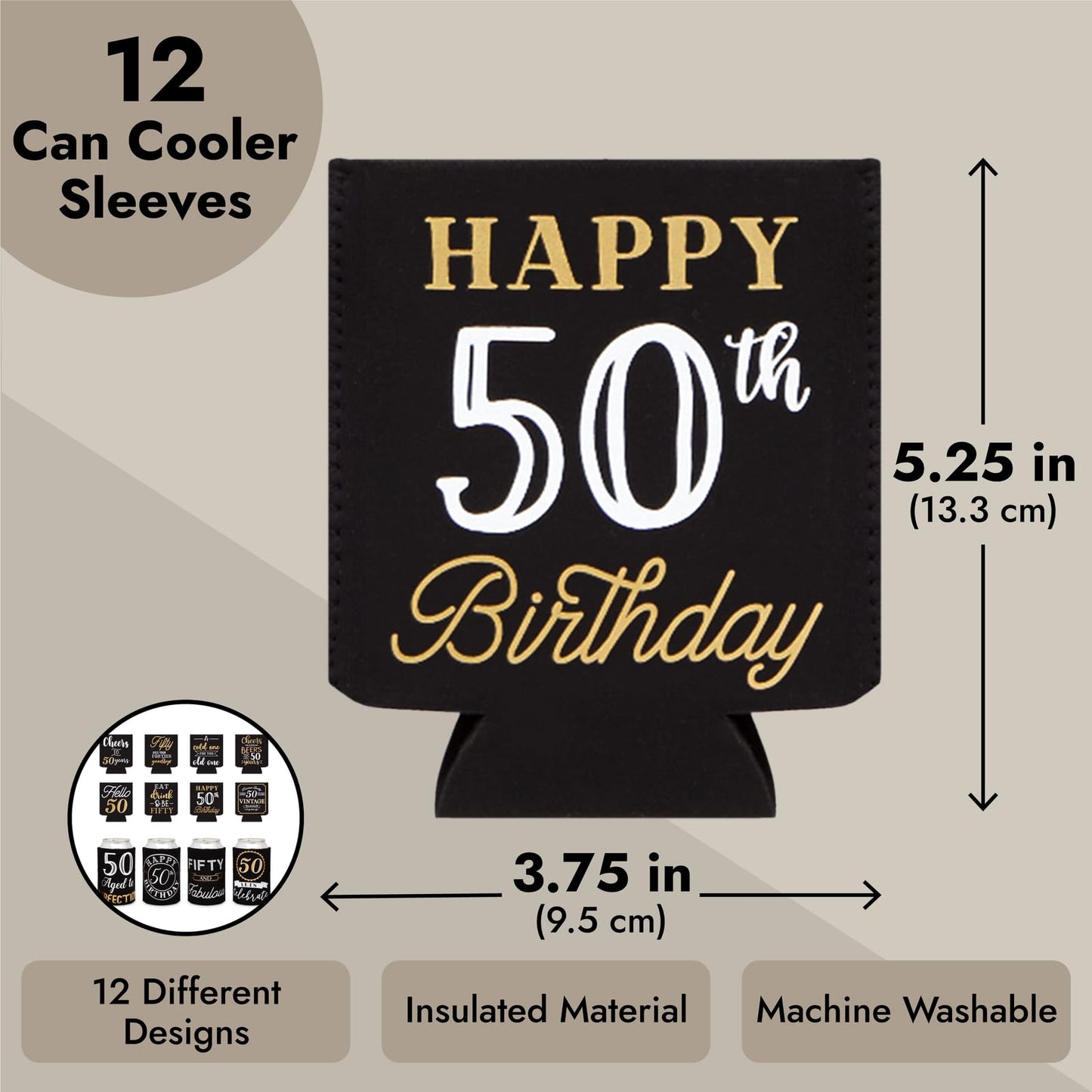 Sparkle and Bash 50th Birthday Can Cooler Sleeves - Medium, Black & Gold, 12-Pack - Insulated Neoprene Holder for 12 Oz Cans, 50th Birthday Party Favors & Decorations