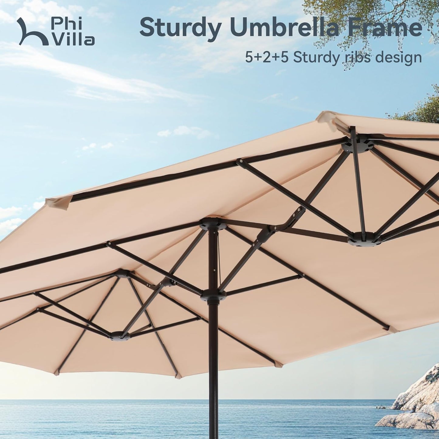 PHI VILLA 13ft Double-Sided Patio Umbrella - Crank Mechanism, Stylish Beige Design