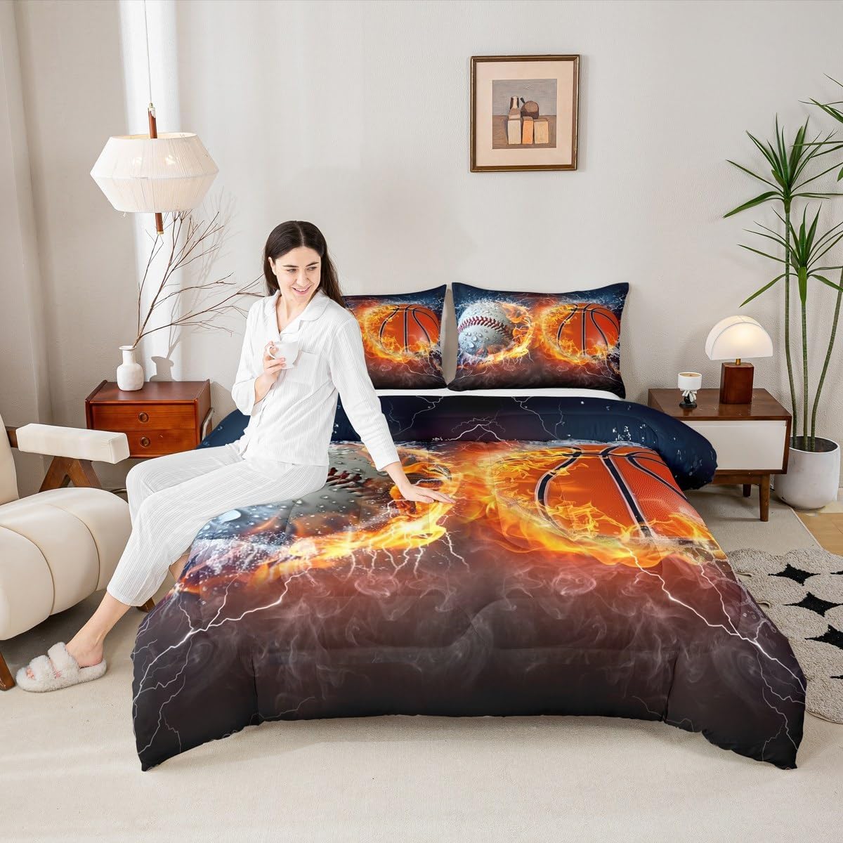 Basketball Kids Comforter Set Full Size,Geometric Basketball Court Abstract Bedding Set,Boys Girls Adults Room Decor,Ball Sports Games Down Comforter,Red Black Fashion Duvet Insert,2 Pillowcases