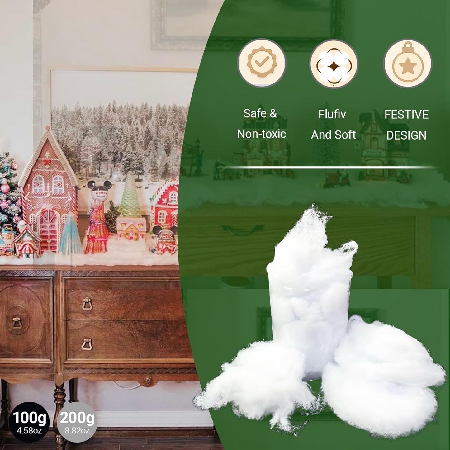 Skiennix Fake Snow Decor - Fluffy, Flame-Resistant Artificial Snow for Indoor Winter Decoration | 0.22 Pounds