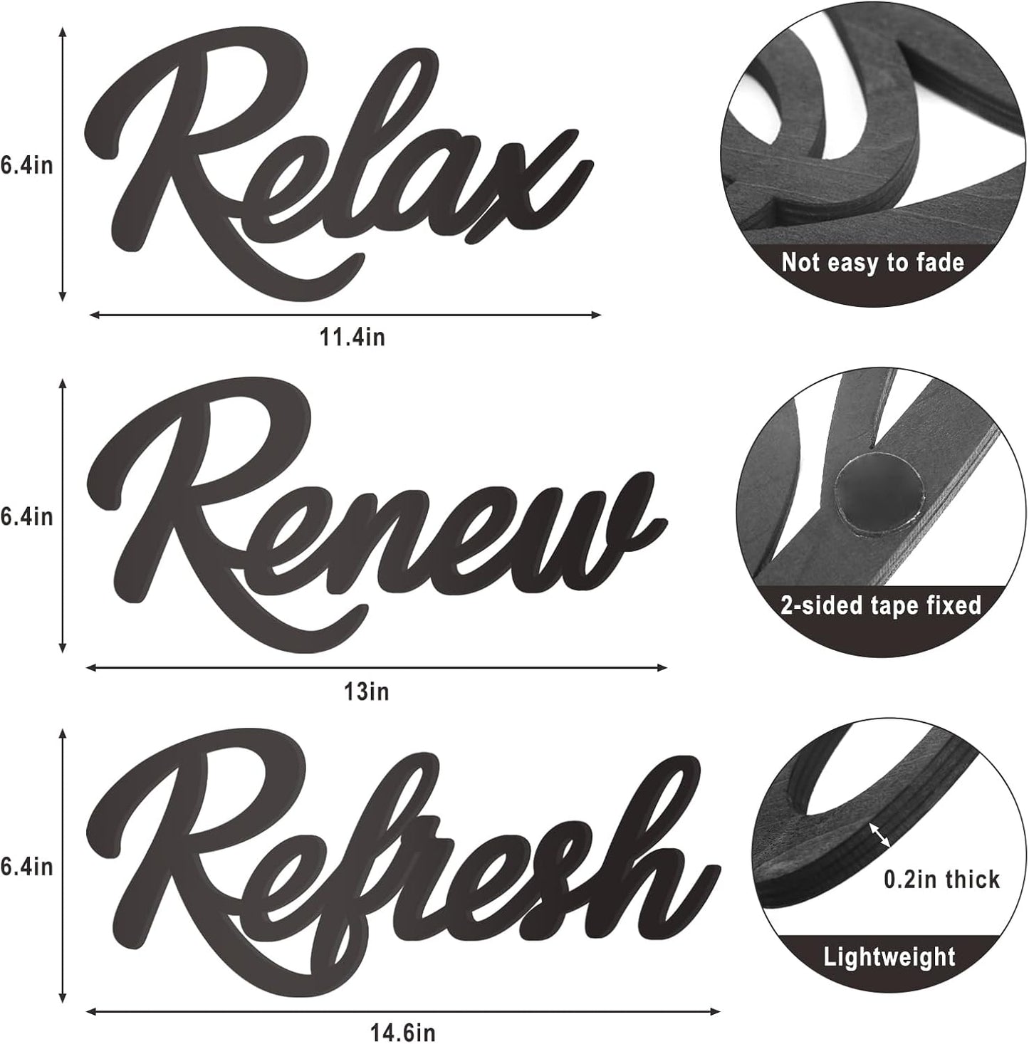 Skiennix Wooden Bathroom Sign Set - Relax, Renew, Refresh | Large Black Decor (3 Pieces)
