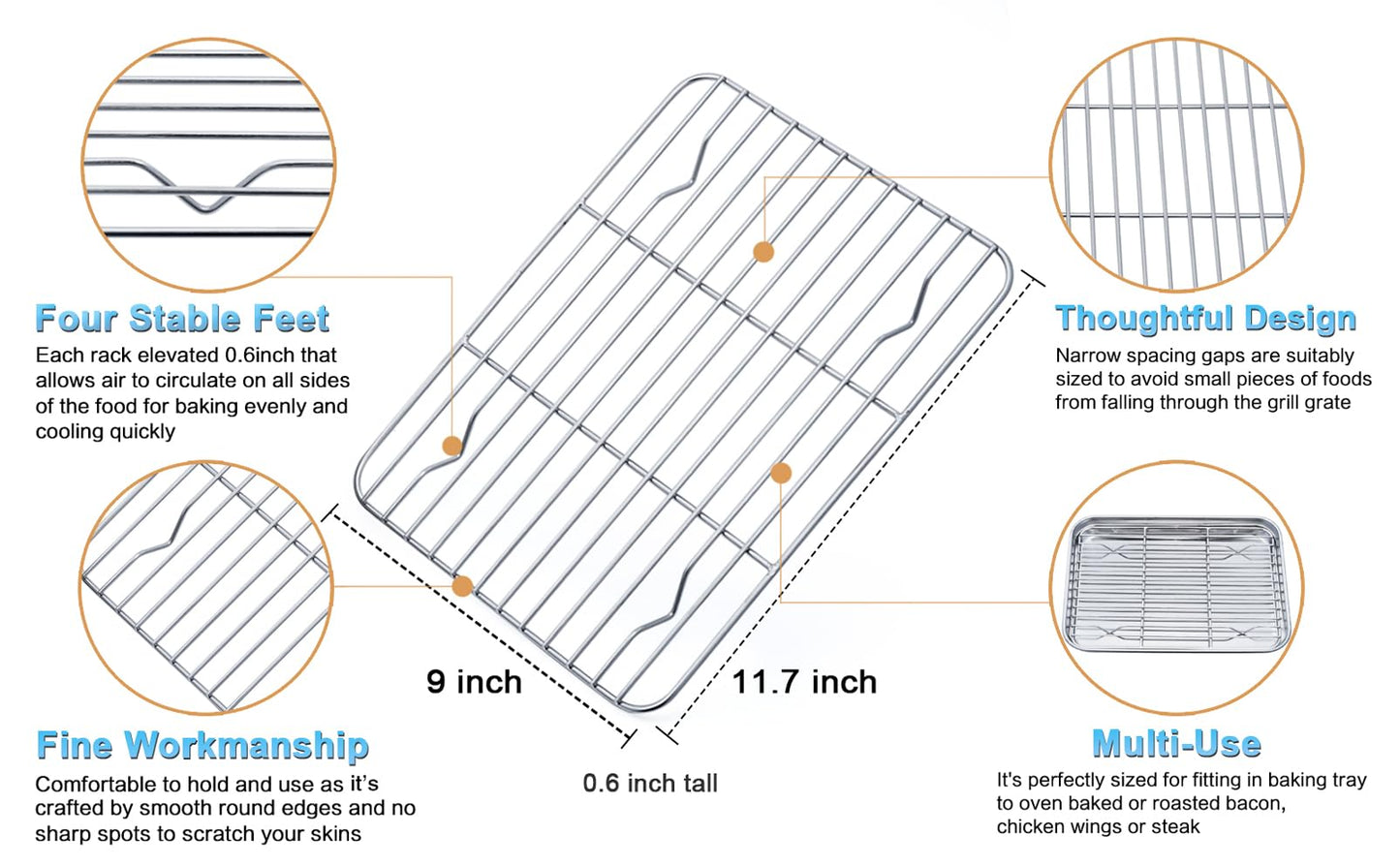 TeamFar Toaster Oven Pan, 12.4’’ x 9.7’’ x 1’’ Stainless Steel Baking Pan Tray Cooling Wire Rack with Silicone Mat Set for Cooking Use, Healthy & Sturdy, Oven & Dishwasher Safe, Set of 3