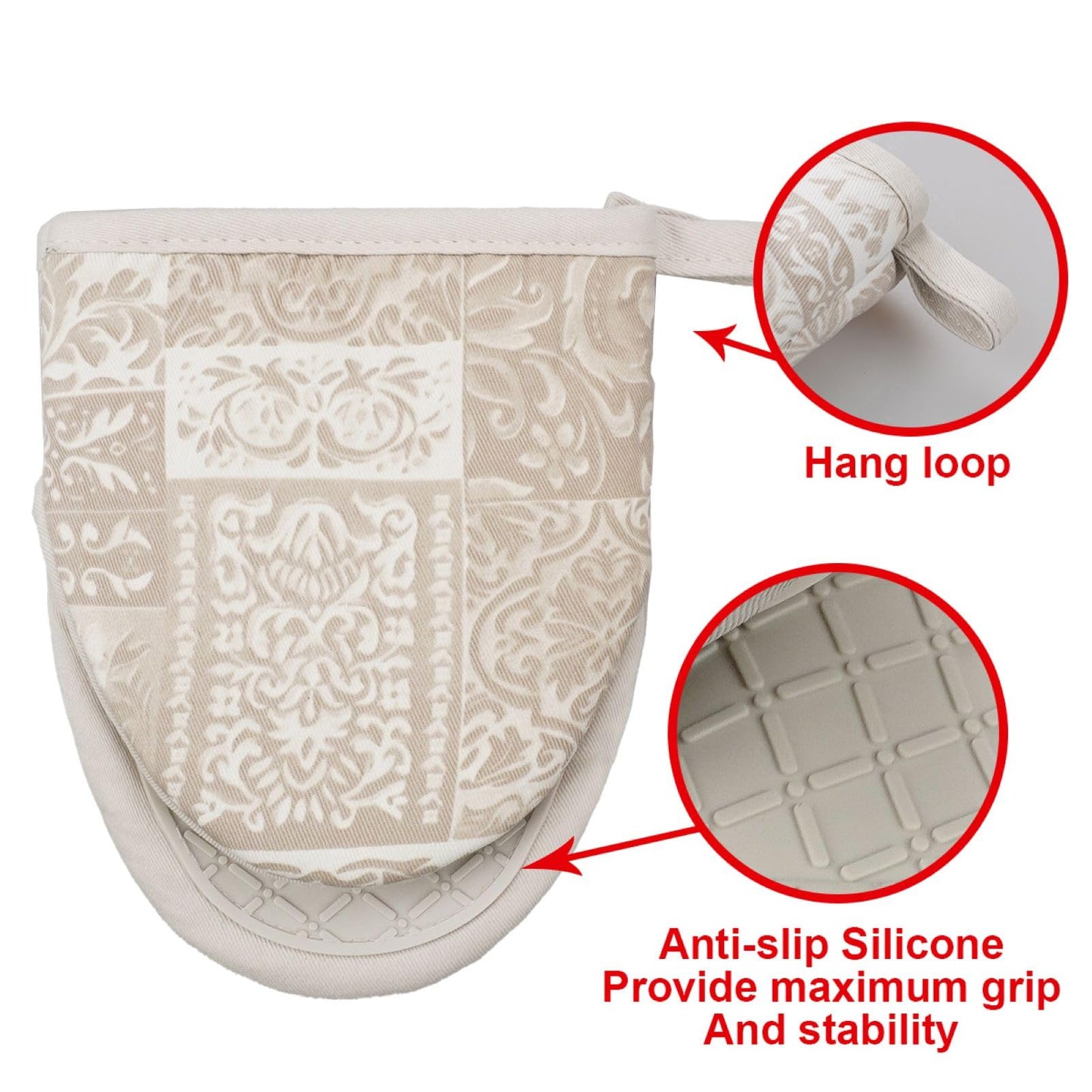 Alselo Mini Silicone Oven Mitts, Heat and Slip Resistant Kitchen Mittens 2-Pack Set, Khaki Patchwork Flower Soft Short Oven Gloves, Flexible Thick Pot Holders for Safe Cooking Baking & Grill (Khaki)