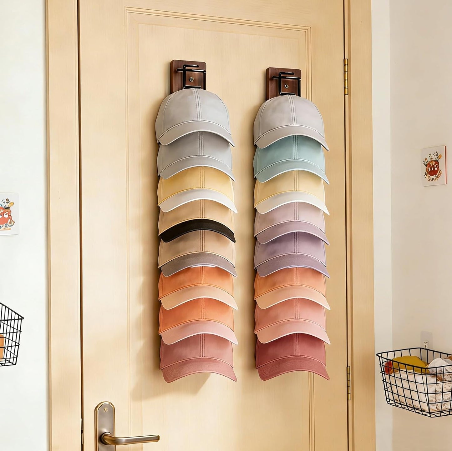 Skiennix Hat Organizer - 2 Pack Wall-Mounted Rack for 22 Baseball Caps | Wood & Metal Design in Brown
