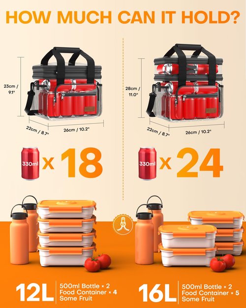 HOTOR Lunch Box for Men & Women - Double-Layer Insulated Lunch Bag with Leakproof Liner, Portable Cooler for Work, Travel, or Picnic, Grey, 12L, 11.1" x 9.7" x 6.7"